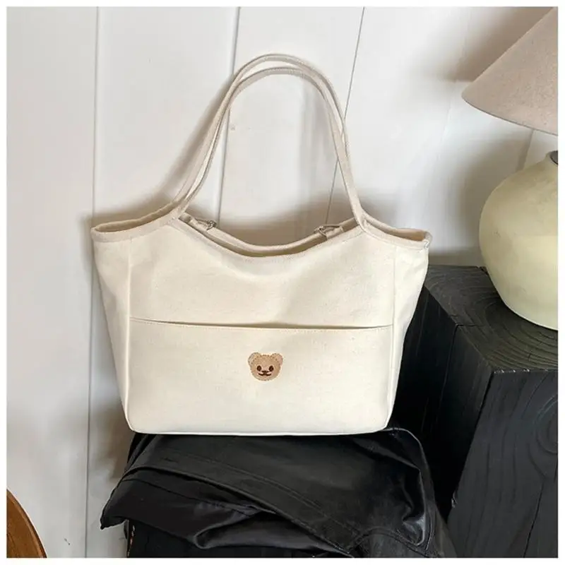 U13F حقيبة حفاضات الأمومة سعة كبيرة من القطن مع تطريز الدب وأشرطة كتف مريحة حقيبة حفاضات السفر الأساسية #2