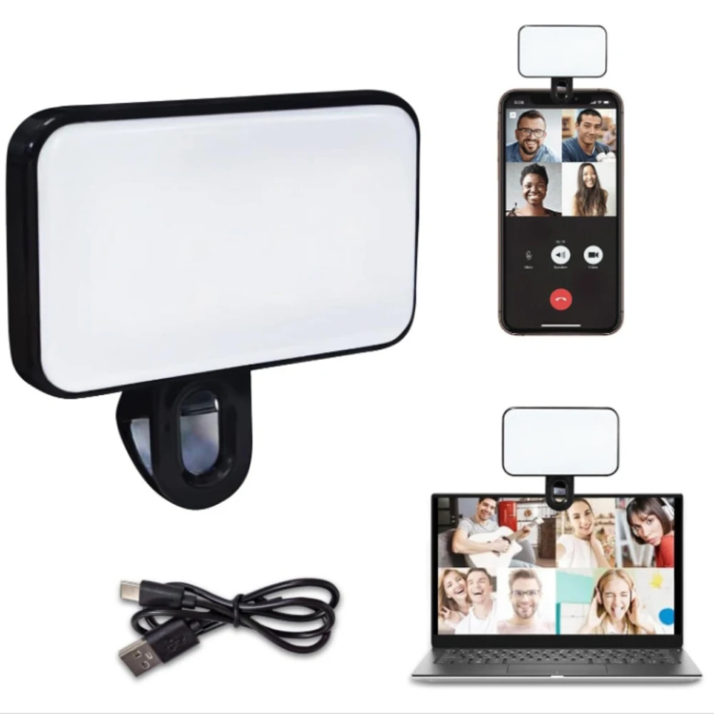 Portable Mini Selfie Fill Light Rechargeable 3 Modes Adjustable Brightness Clip On For Phone Laptop Tablet Meeting Make Up