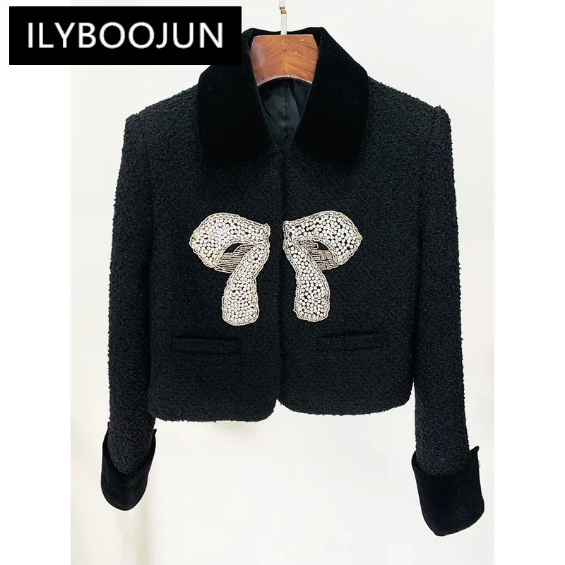 

Short Woolen Bow Bead Jacket Black White Autumn Winter New Fashion Bow Beaded Short Woolen Jacket Coat Outfits Women