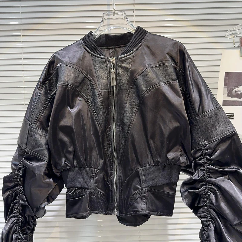 Spring new sweet and cool spicy girl PU leather patchwork pleated sleeve jacket women baseball fashion street short jacket
