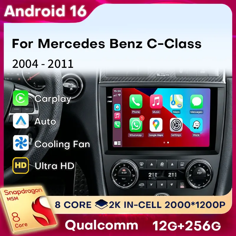 Android 16 Carplay Auto Car Radio For Mercedes Benz C-Class C Class W203 W209 C180 C200 CL203 C209 A209 2004 - 2011 Stereo 4G BT