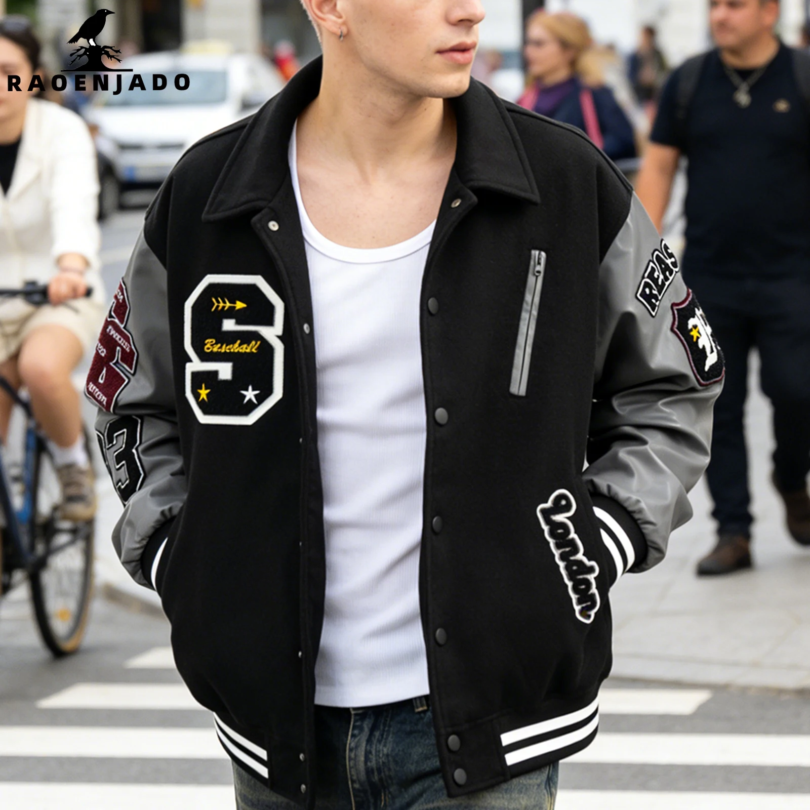 Men's Letterman Jacket Vintage Varsity Coat Patchwork Baseball Streetwear Outerwear with Faux Leather Sleeves & Fine Embroidery