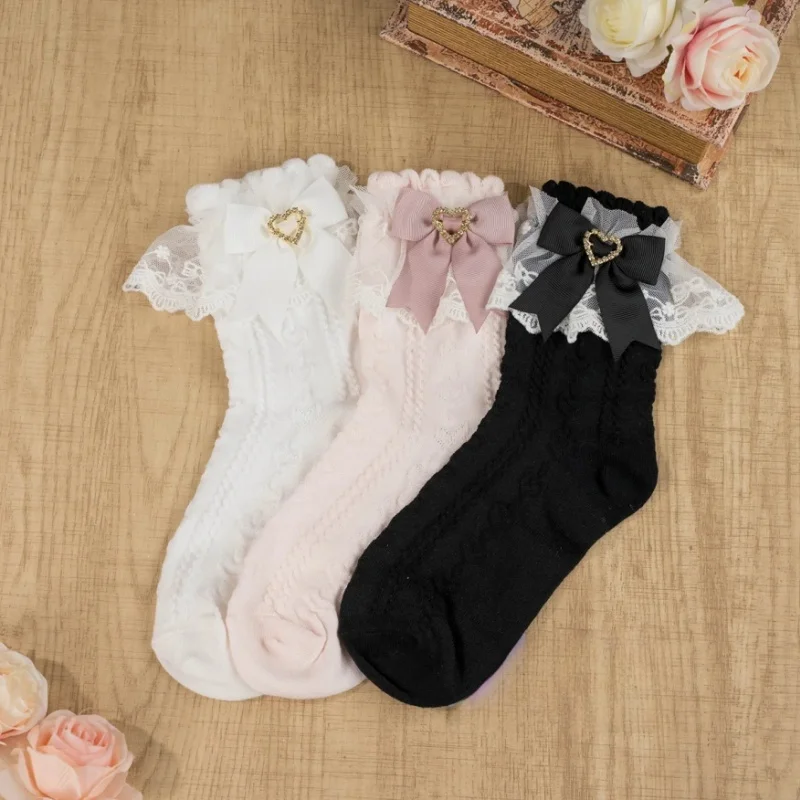 

Fashion Women's Spring Autumn Cotton Socks Lolita Lace Stocking Solid Jk Bow Sweet Long Socks Sweet Style Stockings Girls Gift