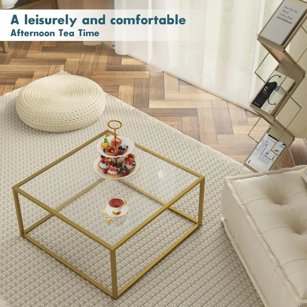 Golden modern glass coffee table, simple square central table for small spaces, for living room home office, easy to assemble