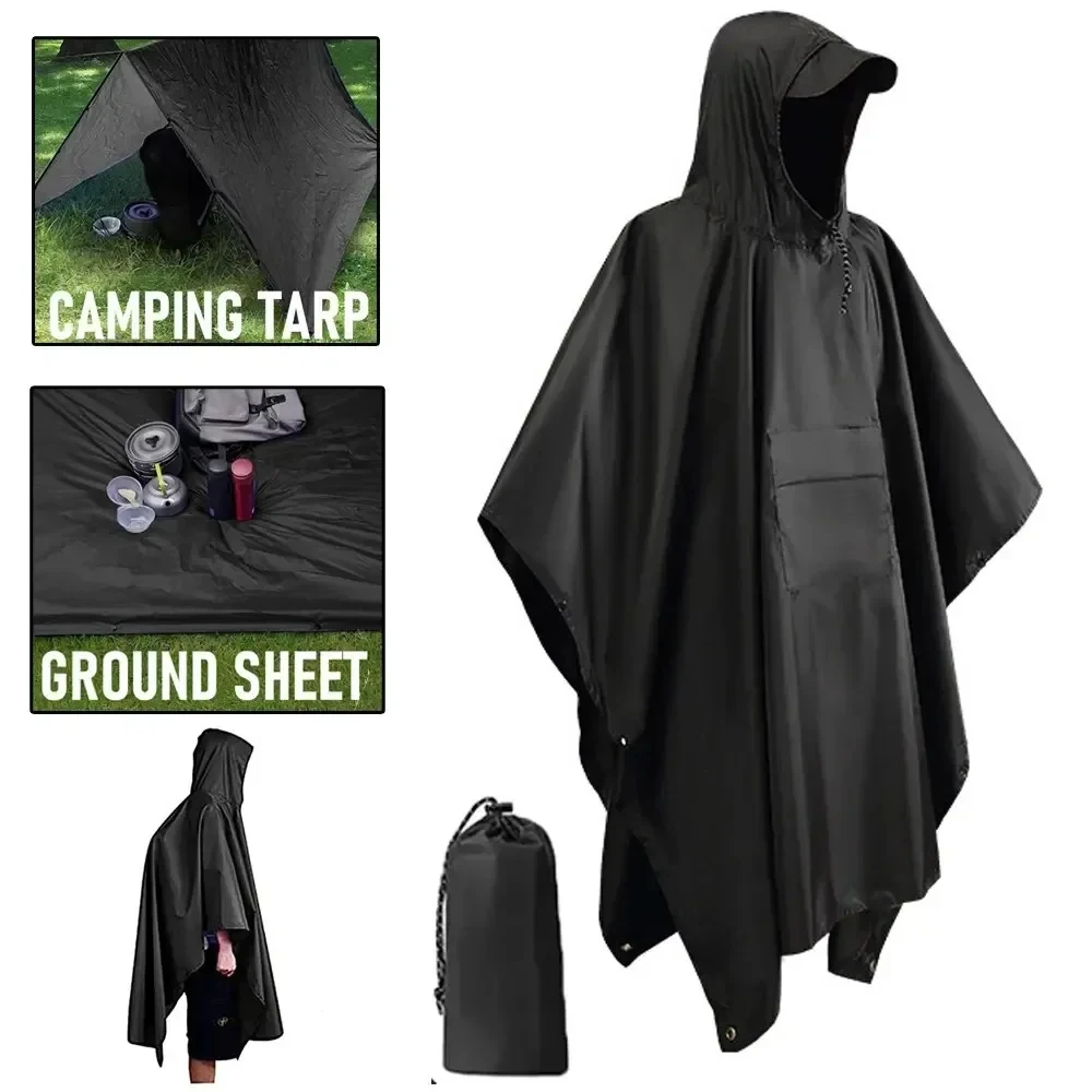 

3 In 1 Outdoor Military Raincoat Hooded Sleeve Waterproof Rain Poncho Motorcycle Rain Cover Camping Hiking Travel Rainwear Tent