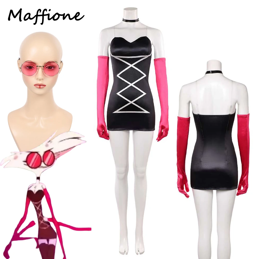 

Hotel TV Hell Inn Angel Dust Косплей Платье без бретелек Костюм Перчатки Очки Комплект Женщин Маскировка Ролевая игра Фантазия Костюмы на Хэллоуин