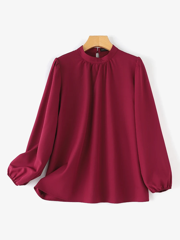 ZANZEA Women Solid Color Blouses Pleated Office Wear Casual Loose Elegant Tunic Tops 2024 Fashion Stylish Lantern Sleeve Blusas