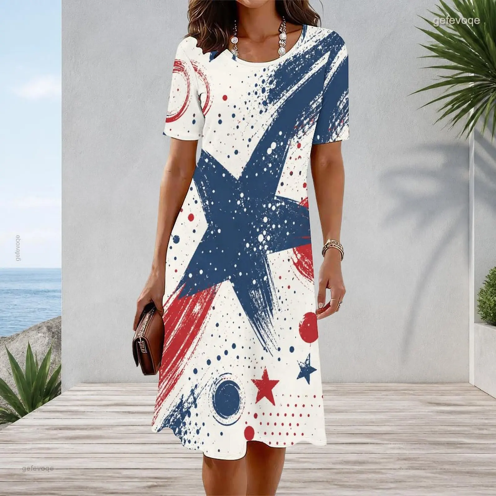 Women Round Neck Short Sleeve Red Blue Star Abstract Printed A Line Dress