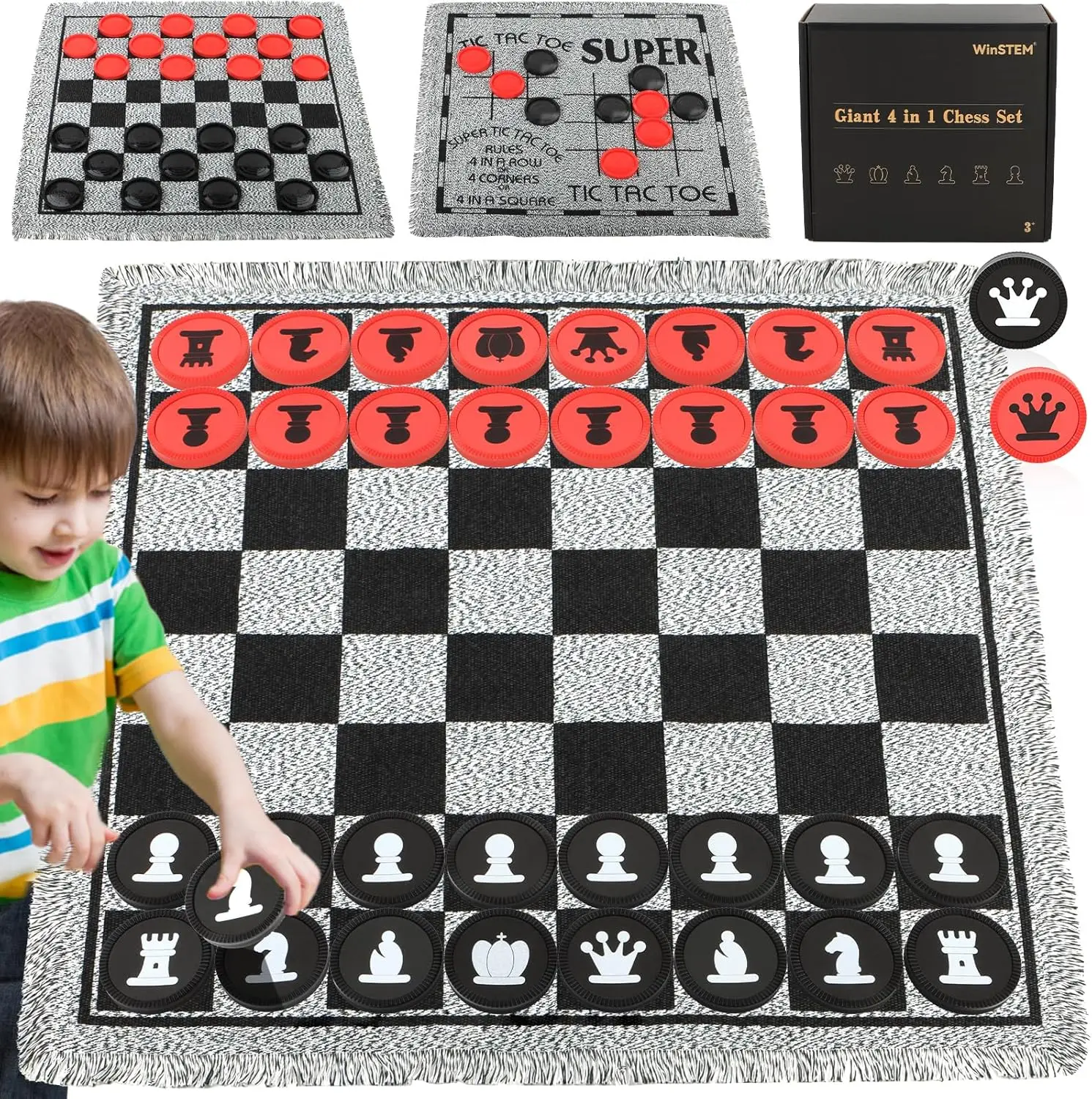 

Giant 4-in-1 Chess Set with Extra Queens, Large Checkers & Tic Tac Toe, Indoor Outdoor Game for Kids Adults