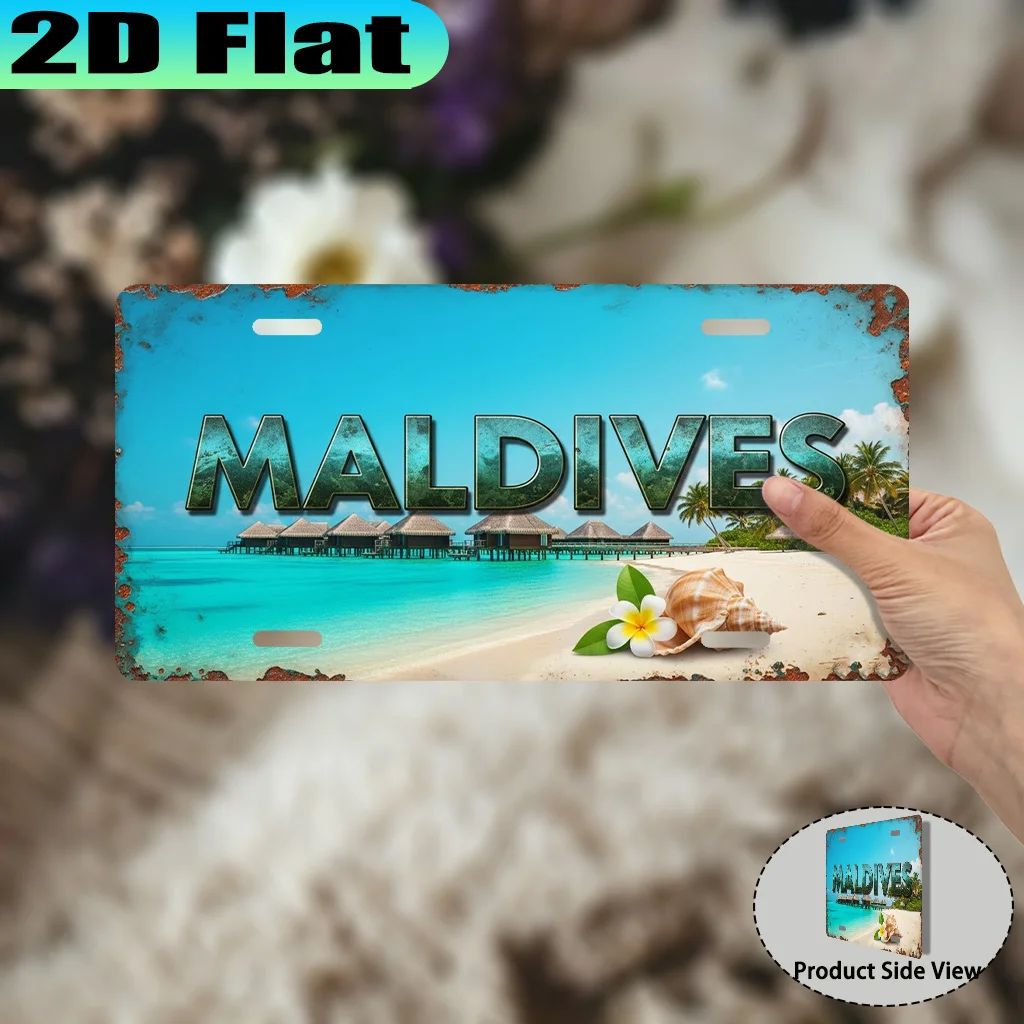 Maldives Tropical Beach Paradise 2D Flat Printing License Plate Style Metal Tin Sign, Exotic Island Themed Decorative Aluminum S