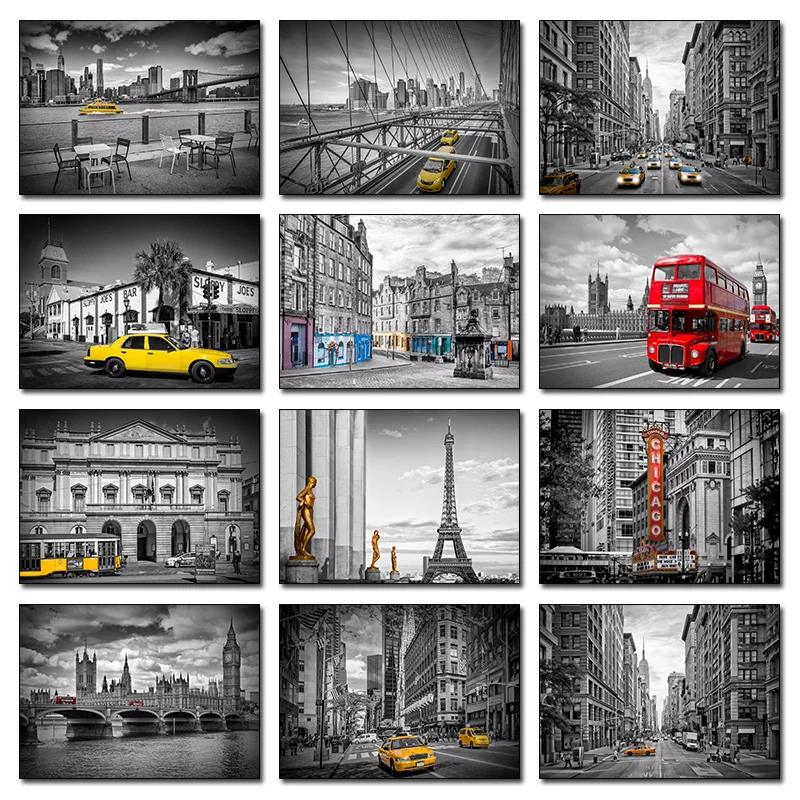 Yellow Traffic Red Telephone Box Posters Canvas Painting Print Modern City Landscape Wall Art Pictures Poster Living Room Dec