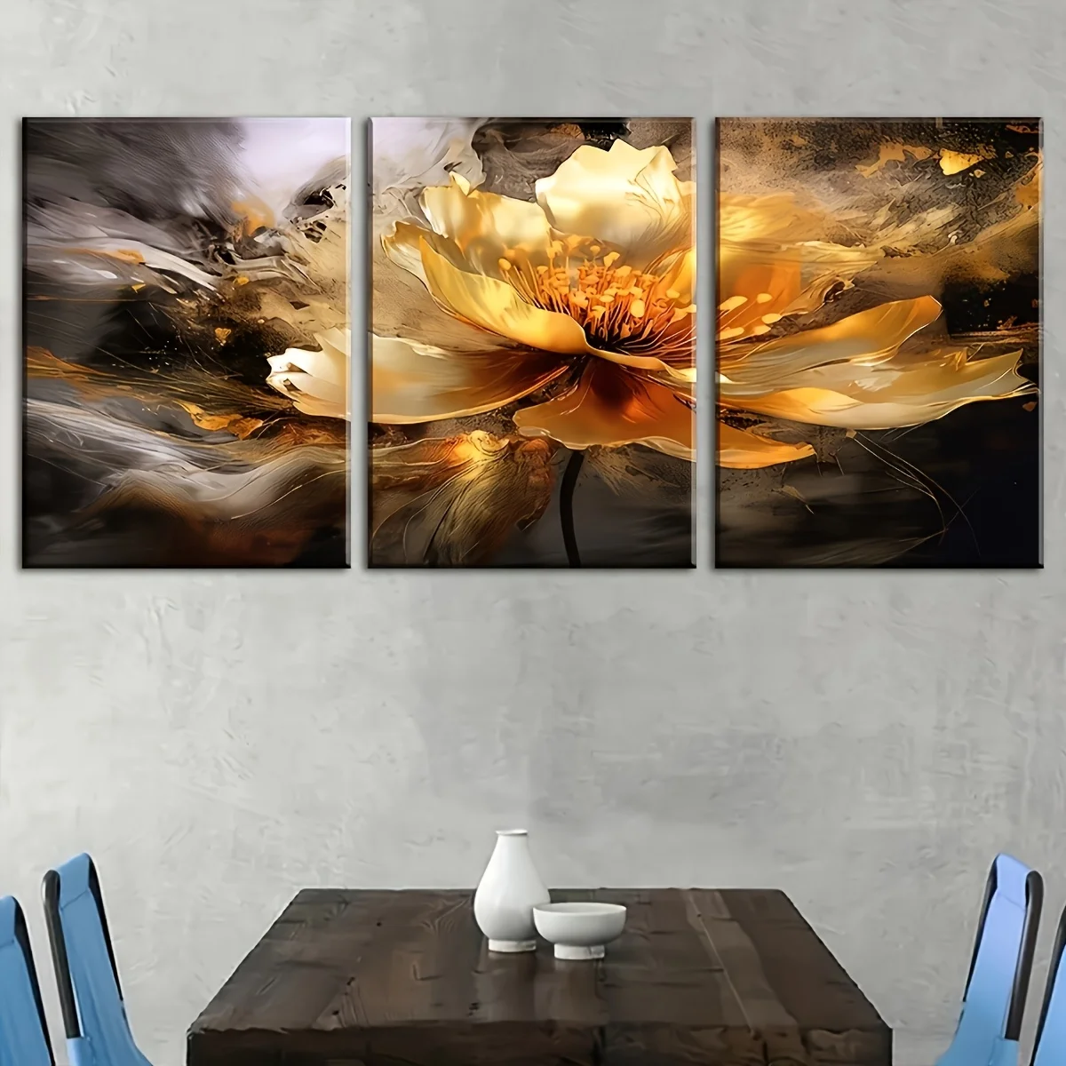 3PCS Framed canvas painting and poster, Ready to Hanging, Abstract Style Golden Floral Art Prints, Home Decor Ideal for Gifts