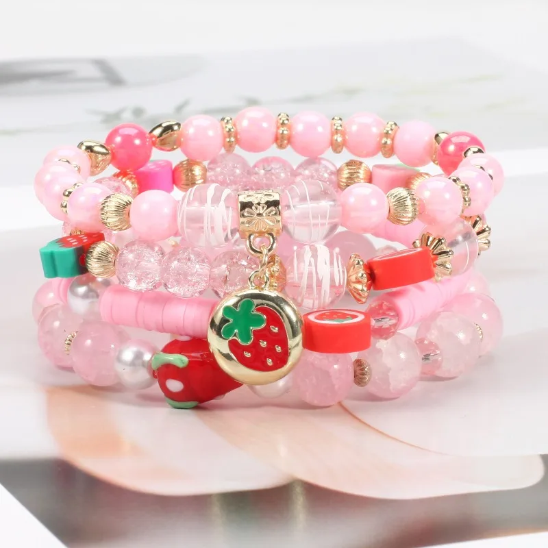 Multilayer Handmade Beaded Fruit Strawberries Pendant Elastic Bracelet for Women Girl Colorful Resin Bead Woven Bracelet Jewelry