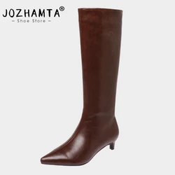 JOZHAMTA  2025 News Women Knee High Boots Pointed Toe Winter Woman Shoes High Heel Genuine Leather Long Boots Black Size 34-40