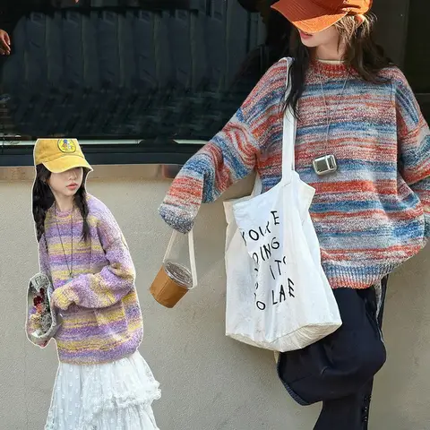 New Autumn Kids Girl Rainbow Striped Sweater ELegant Children Fashion Colored Knitwear Casual Knitted Clothing 4 5 6 7 9 11 13Y