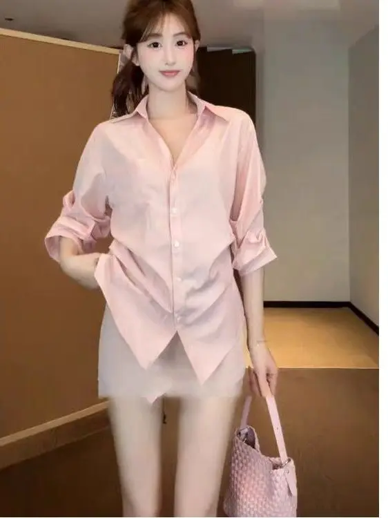 

Минималистичная розовая рубашка для женщин, весенне-летний новый стиль, однотонный топ с воротником, подчеркивающий талию, корейский стиль, бренд Fuyisan