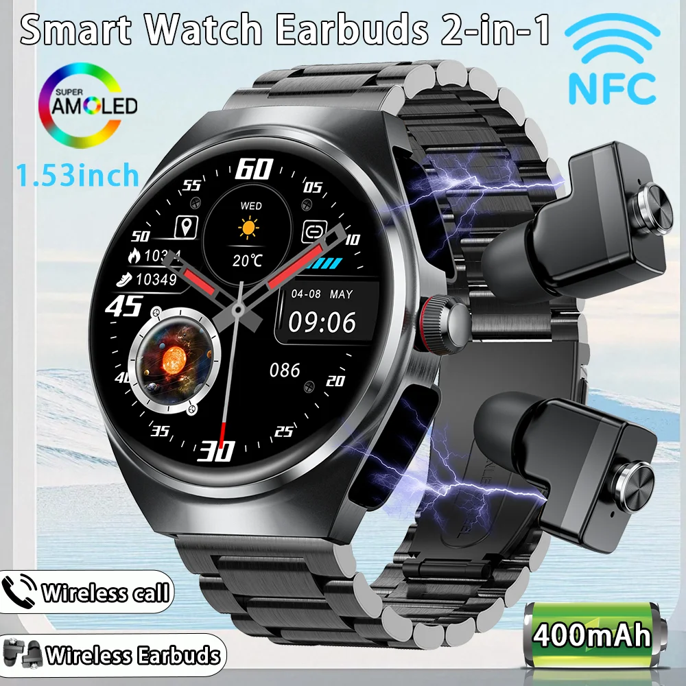 

New Sapphire Screen Smart Watch Men 2 in 1 TWS Earphone Watches 1.53" HD AMOLED BT Call NFC Heart Rate Sport Fitness Smartwatch