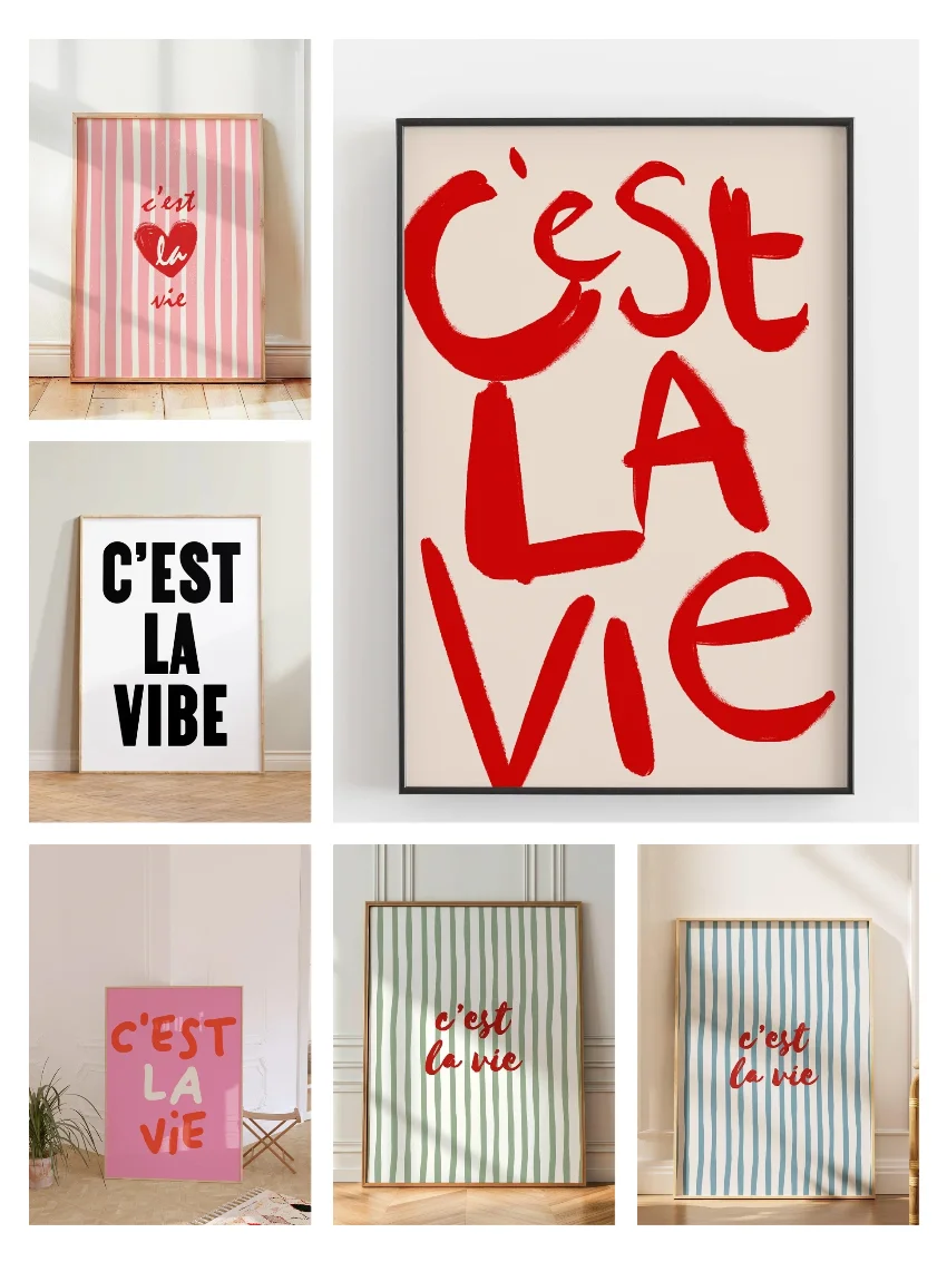 Modern,Retro C'est La Vie Quote Pink Stripes Wall Art Print Canvas Painting Poster Picture For Bedroom,Living Room Home Decor