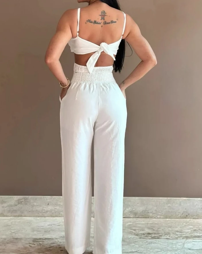 Women Jumpsuit Spaghetti Strap Asymmetrical Neck Floral Pattern Shirred Hollow Out Tied Detail Backless Pocket Straight Jumpsuit