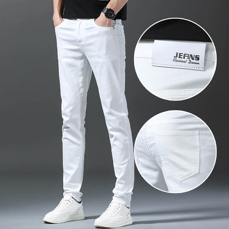 2024 Autumn New White Men\'s Jeans Straight Slim Solid Color Casual Denim Trousers Classic Male Brand Clothing Pants