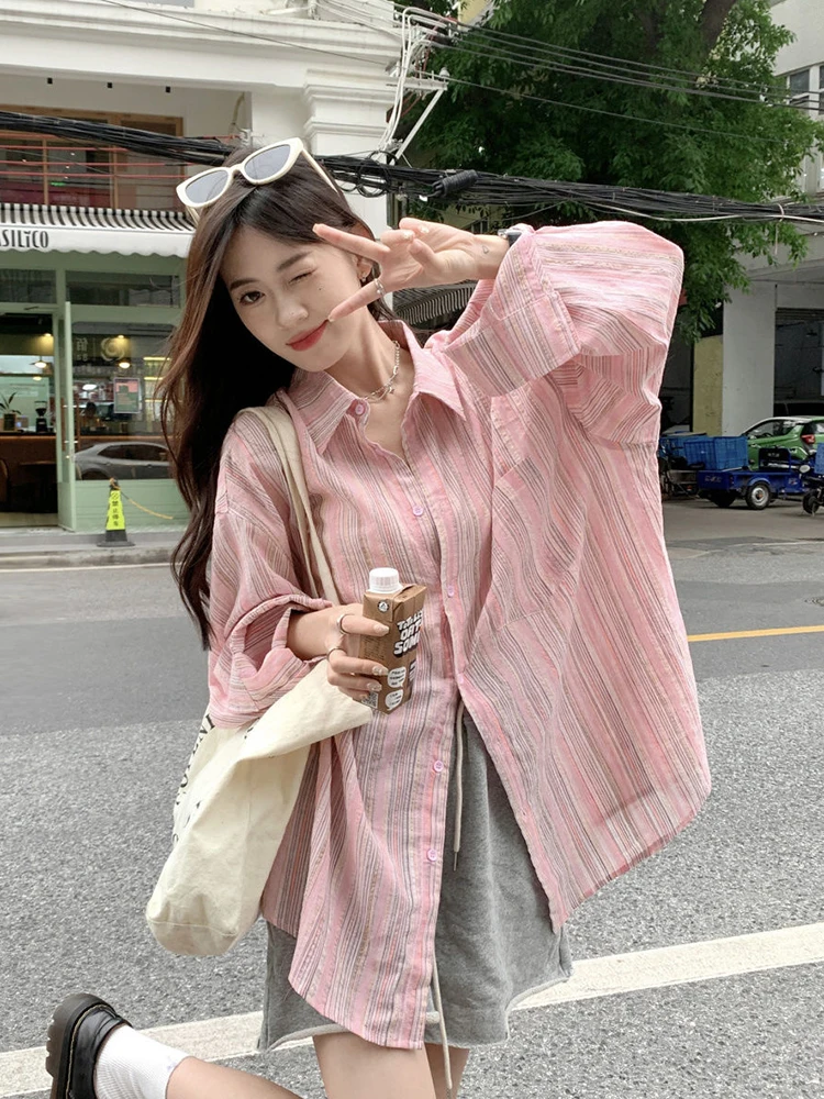 Jmprs Women Korean Striped Shirts Loose Long Sleeve Casual Sweet Blouse Retro Fall New Lazy Wind Female Vintage Pocket Soft Tops