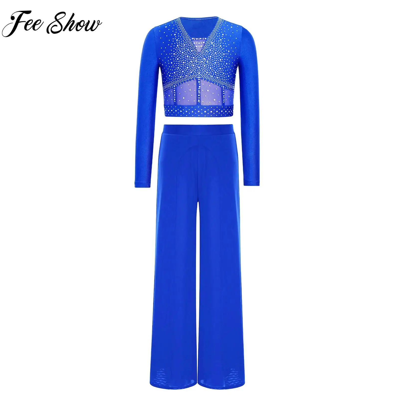 Kids Girls Ballet Lyrical Dance Dresses Figure Skating Modern Dance Outfits Long Sleeve Rhinestones Crop Top for with Mesh Pants