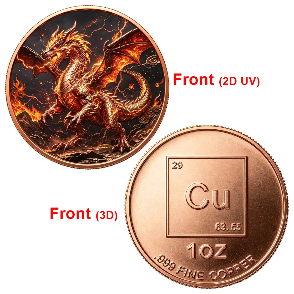 1pc 1 OZ .999 Fine Copper Fire Dragon Challenge Coin Fantasy Fiery Lightning Dragon Commemorative Copper Collectible Token Gifts