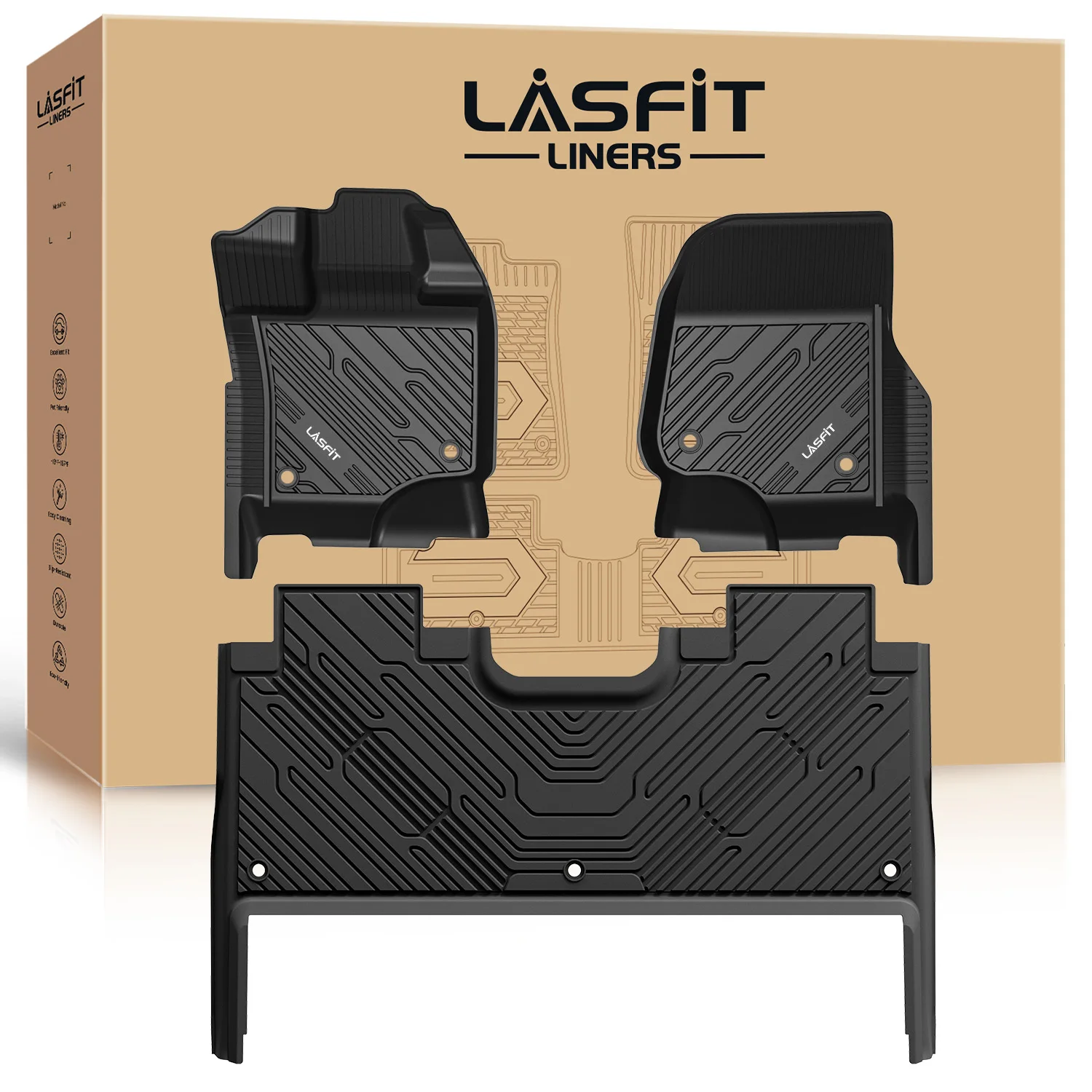 

Коврики LASFIT для Ford F-150 2021-2025 гг. | F150 Lightning 2022-2025 Super Crew (задняя часть со складным плоским хранилищем), 1-й и 2-й ряд