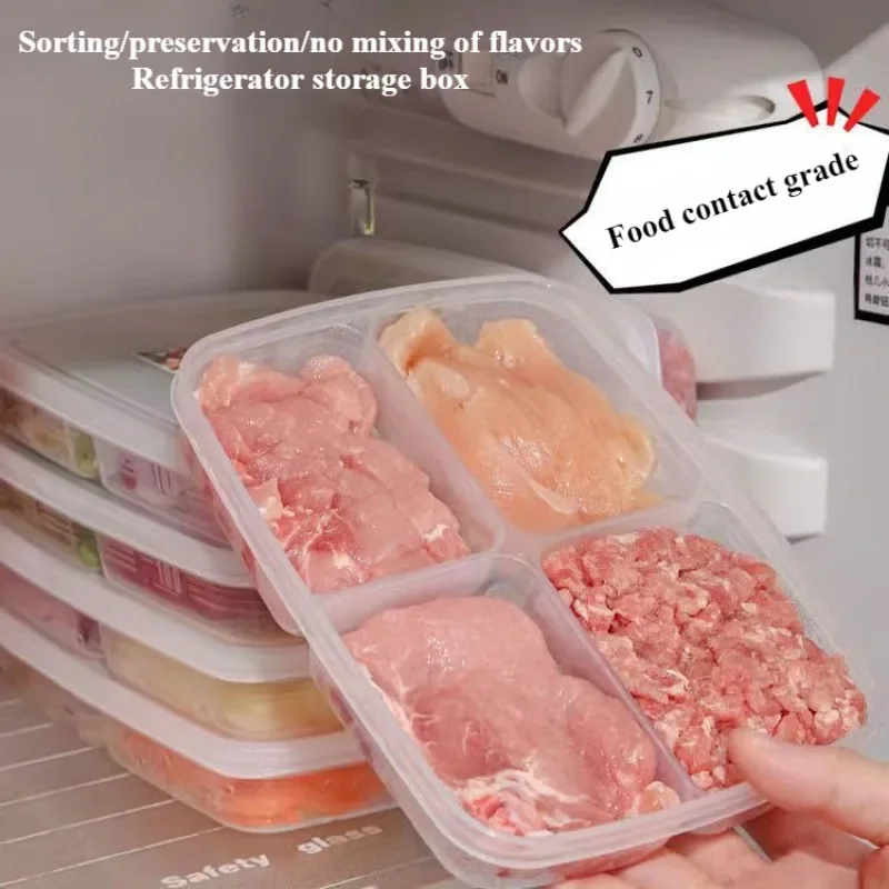 4Grids Food Grade Sealed Refrigerator Storage Box Separate Crisper Four Compartments Fresh-Keeping Container for Frozen Meat