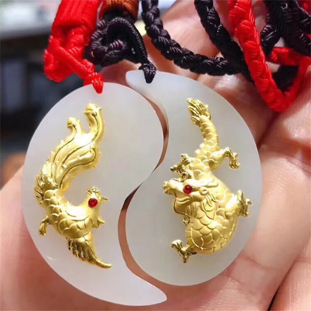 

Natural White Hetian Jade Gem Solid Gold Inlaid Dragon Phoenix BaGua Pairs Pendant Amulet Necklace Certificate Vintage Jewelry