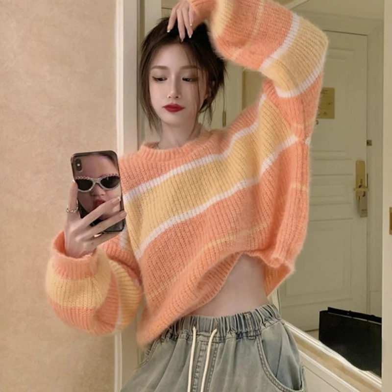 Striped Pullovers Women Soft Baggy Knitted Crop Sweater Autumn Simple Streetwear Casual All-match Sueter Mujer Comfort Ulzzang