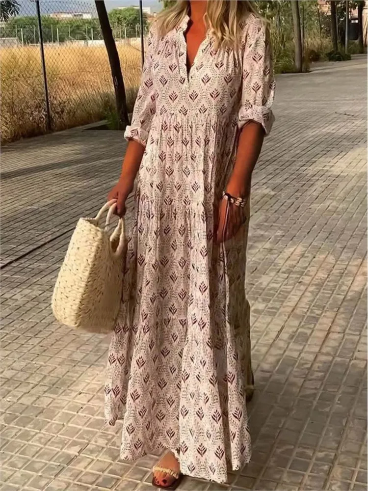 

Vintage Bohemian Long Dress For Women 2025 Spring Casual Lace-up V Neck Floral Loose Dress Female Holiday Maxi Dress Robe Femme