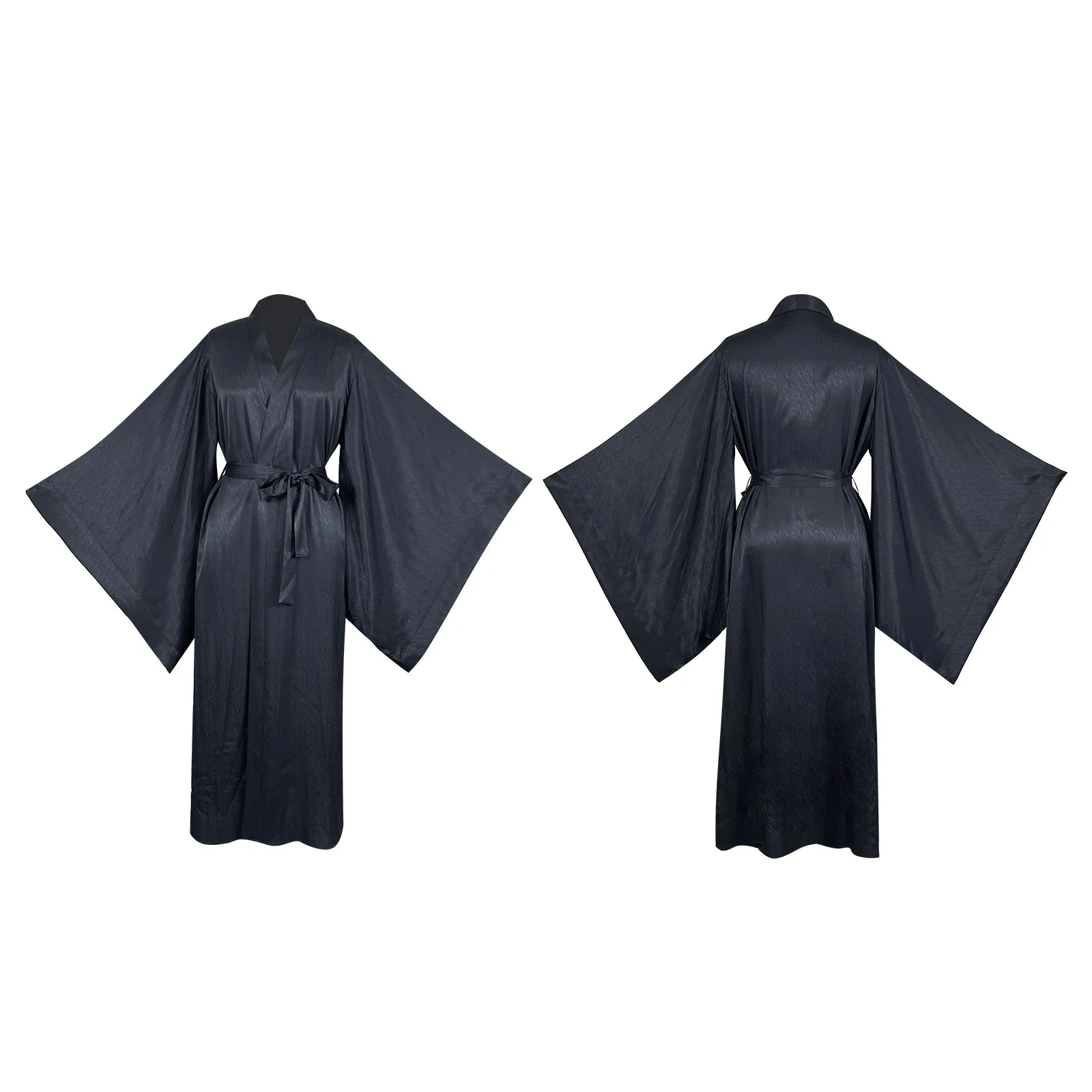 Sexy Style Solid Color Satin Robe Long Sleeves High Waisted Belted Robe Split Design Soft Home Wear for Women