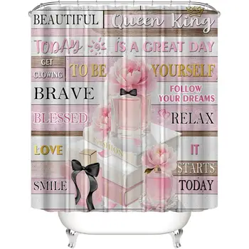 4件組粉紅時尚花卉圖案浴簾,浴室裝飾靈感語錄,含地毯和配件 10 最佳銷售 浴室配件套裝 - №9