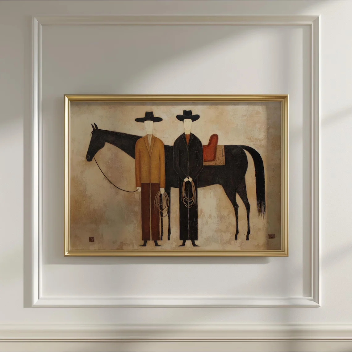 Cowboy Abstract Figurative Horse Oil Painting, Contemporary Japandi Western Wall Art, Western Folk Art, Modern Equestrian Cottag view 5