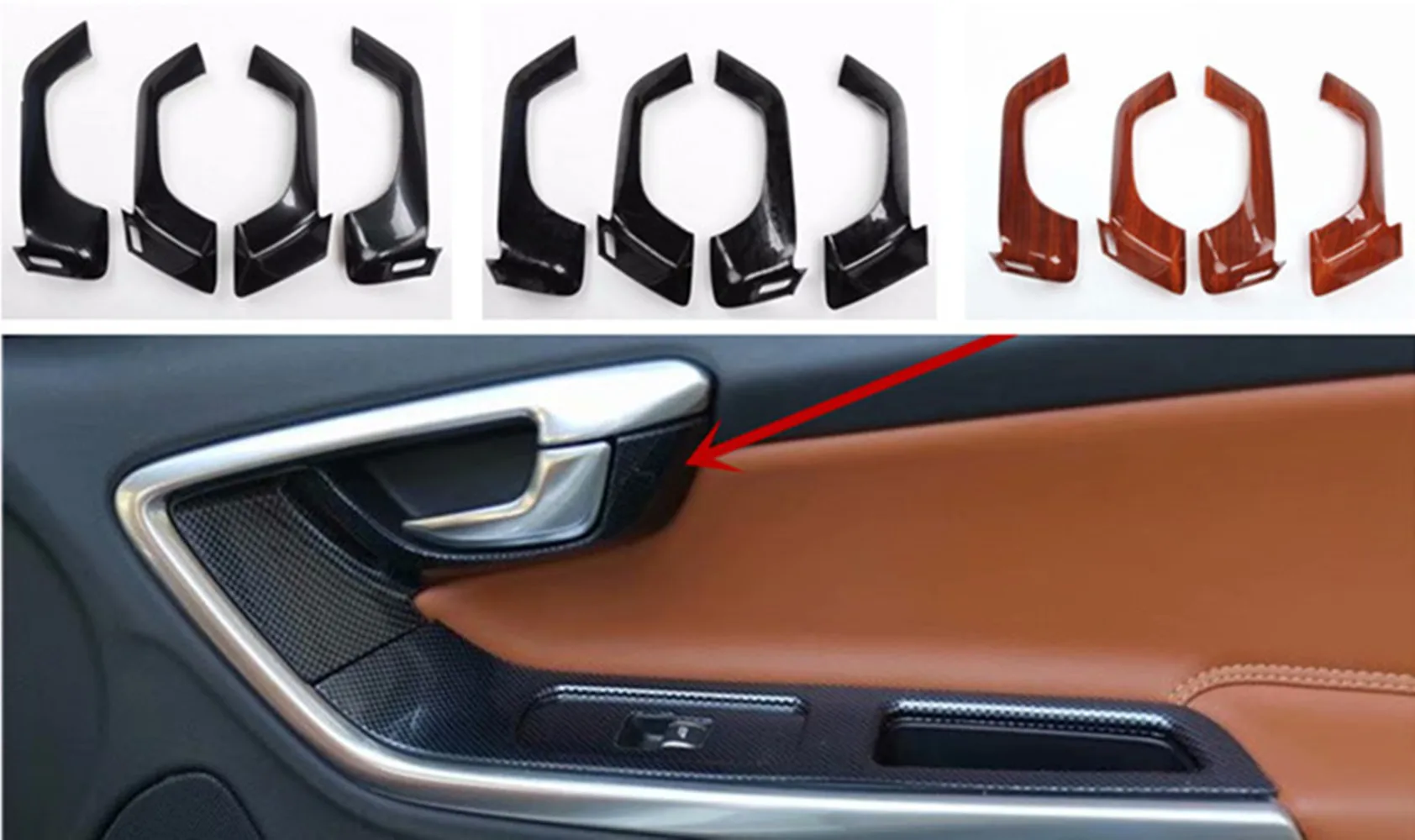 

4pcs/lot ABS carbon fiber grain or wooden grain Interior door shake handshandle bowl decoration cover for 2014-2018 Volvo S60