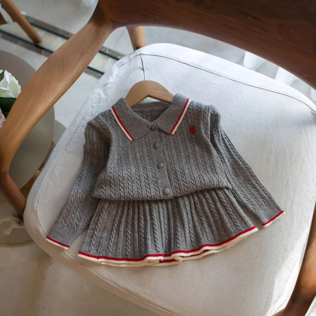 Kids Suits Autumn/Winter Girls' Campus Style Flip Collar Cardigan Sweater+pleated Skirt Two-piece Set  School Uniform 2-6Y