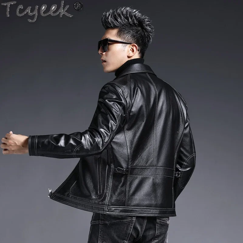 Tcyeek Real Leather Jacket Men Short Leather Coat Top Layer Cowhide Coats Spring Autumn Clothes Men's Motocycle Jackets 2024