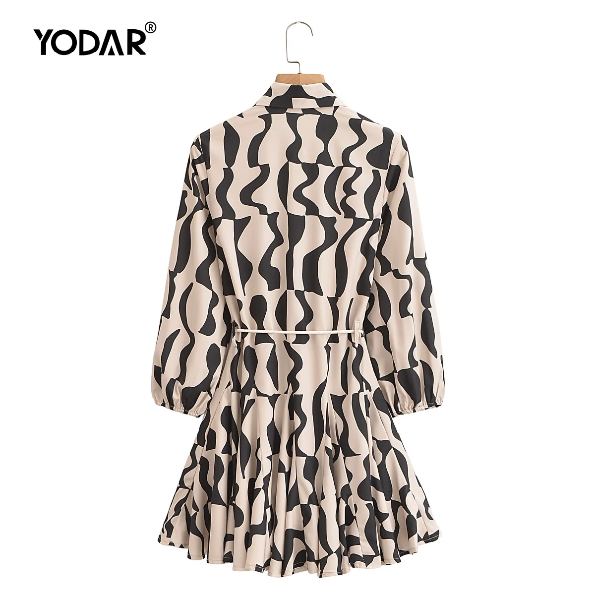 YODAR 2024 Elegant Mini Short Dress for Women Spring Autumn Long Sleeved Fitted Waist Cinching Fashion Black Print Party Dress