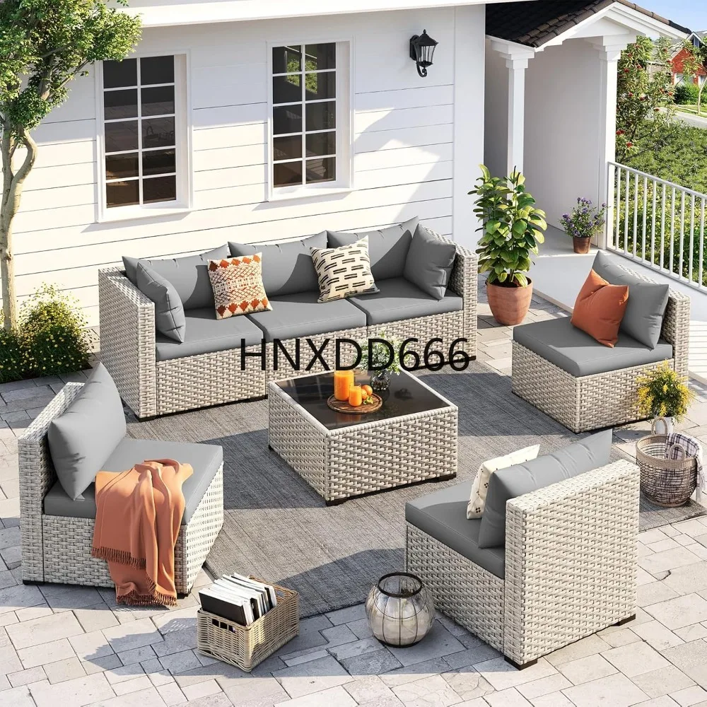 

Outdoor Patio Furniture Set, 7-Piece PE Wicker Sectional Sofa with Tea Table, Outdoor Conversation Set