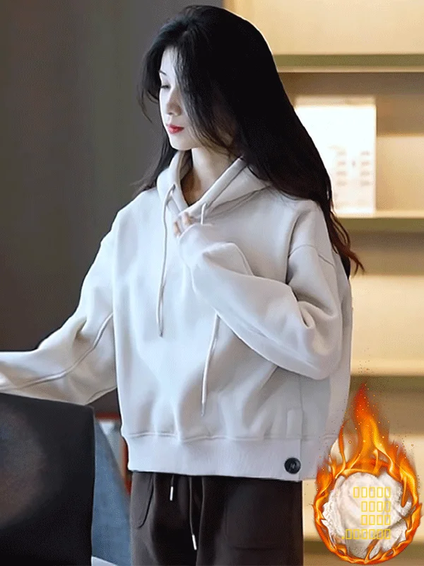 

Утепленная хлопковая толстовка с капюшоном для женщин, весна-осень, свободный крой, длинный рукав, теплая верхняя одежда в корейском стиле