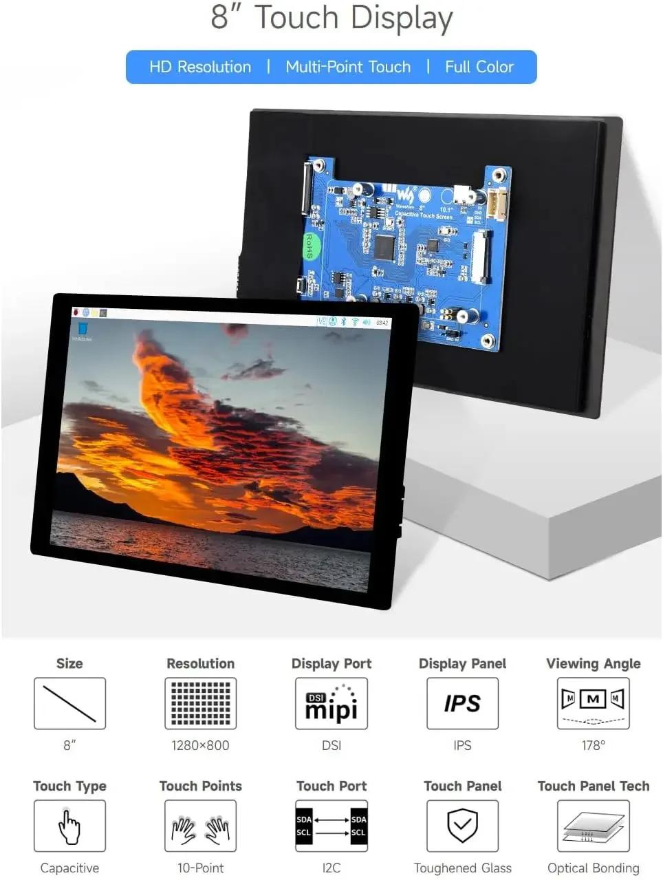 Waveshare Raspberry Pi 5 8 inch MIPI DSI Display IPS Capacitive Touchscreen 1280×800 Pixel for Raspberry Pi 4B/3B+/3A+ CM3/3+/4