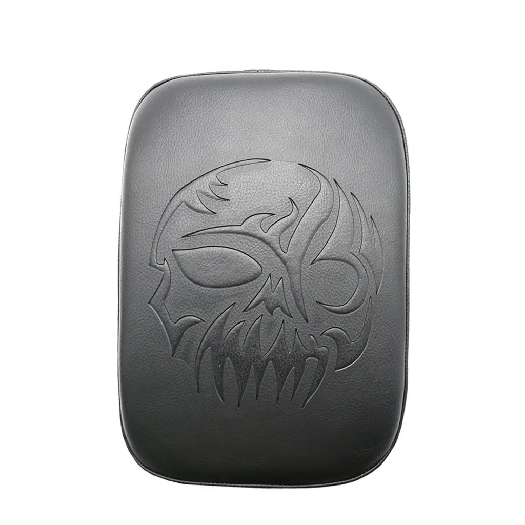 PU Leather Rear Pillion Pad Classic Head Pattern Rectangular Passenger Saddle Water Resistant Seat for Cruiser Chopper Bobber