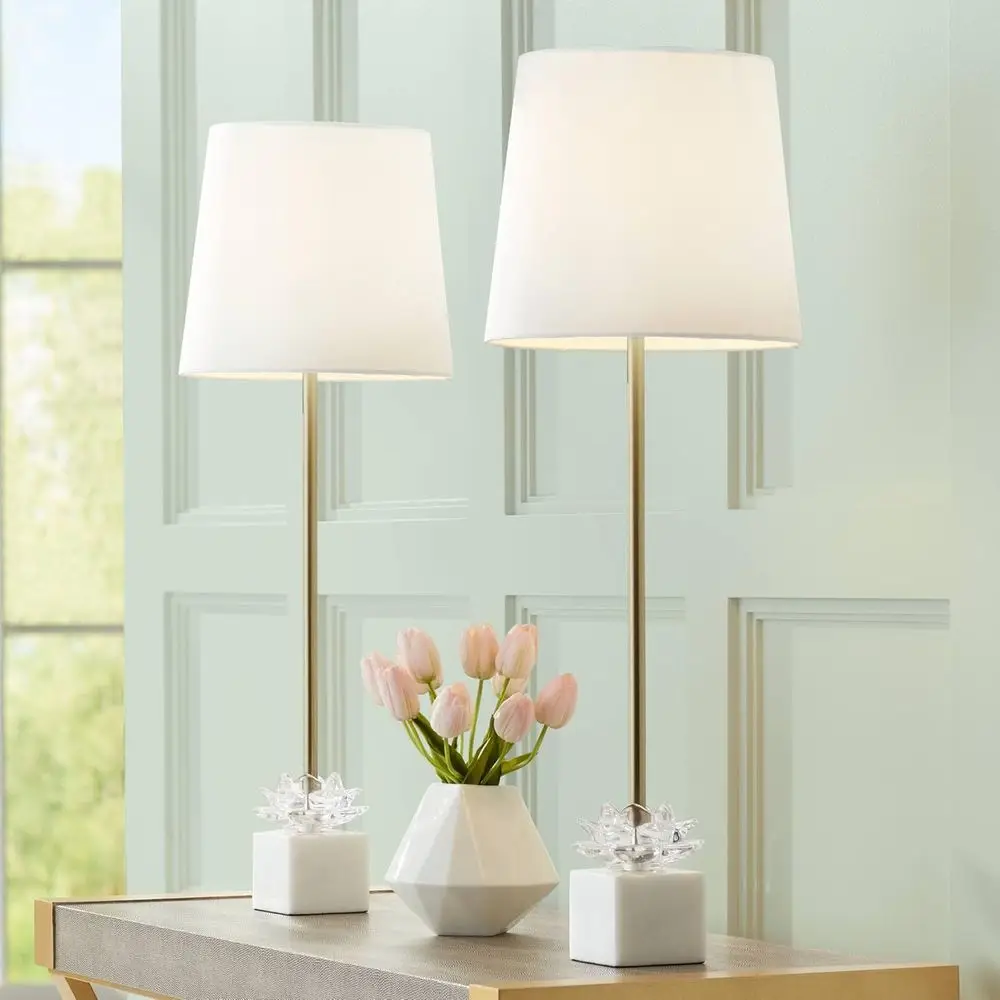 

Luxury Skinny Gold Metal Table Lamps with White Tapered Glass Shades, Set of 2, 28.5 Tall for Home Accents and Living Spaces