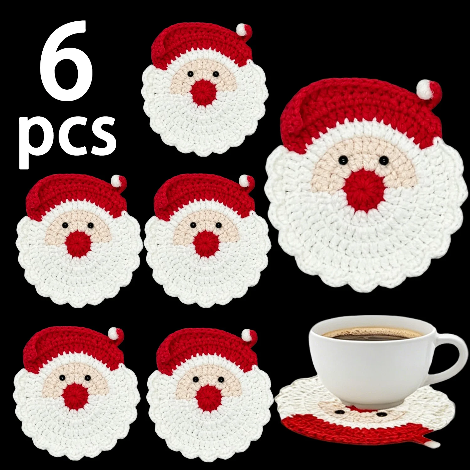2D Santa Claus Wooden Coasters 6pcs Set, Christmas Holiday Table Heat-insulating Wooden Decorative Coasters, Santa Claus Wooden