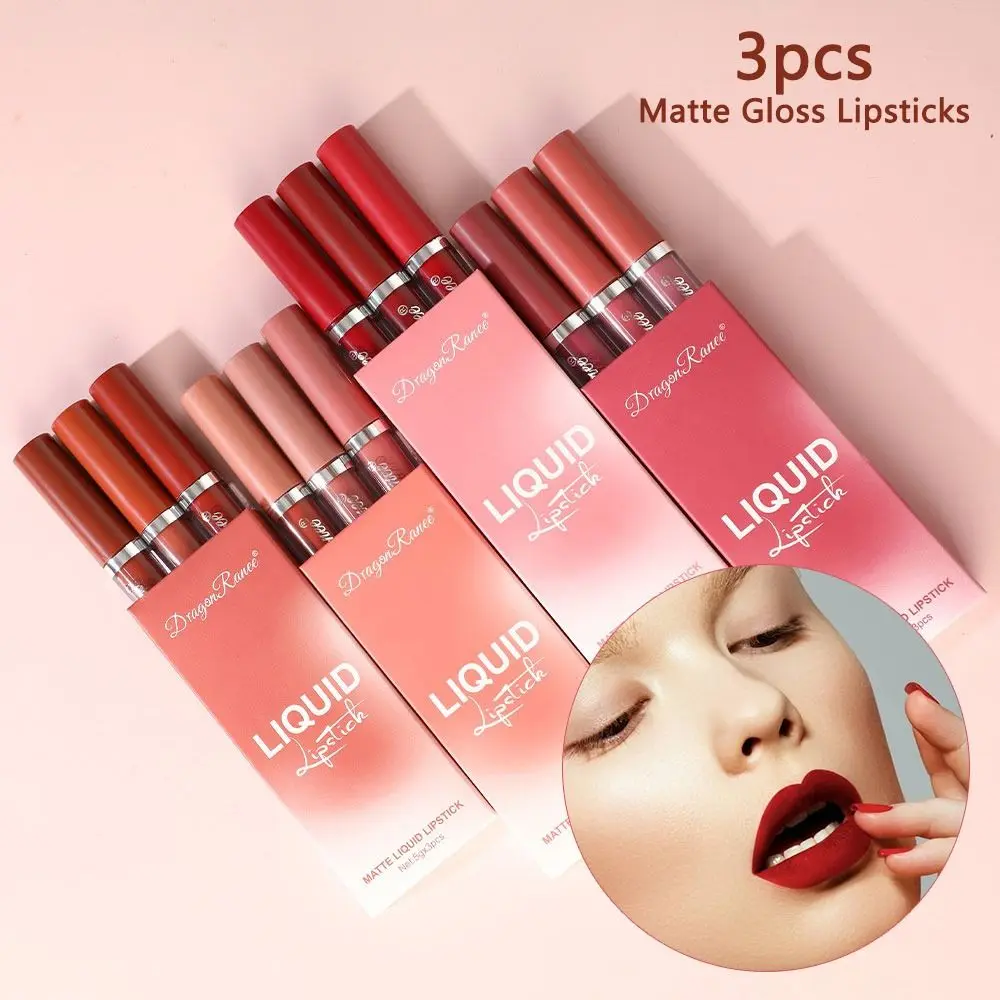 3pcs Womens Lipstick Matte Gloss Liquid Waterproof Beauty Lasting Long Lip Gloss Velvet Lip Glaze Daily Style