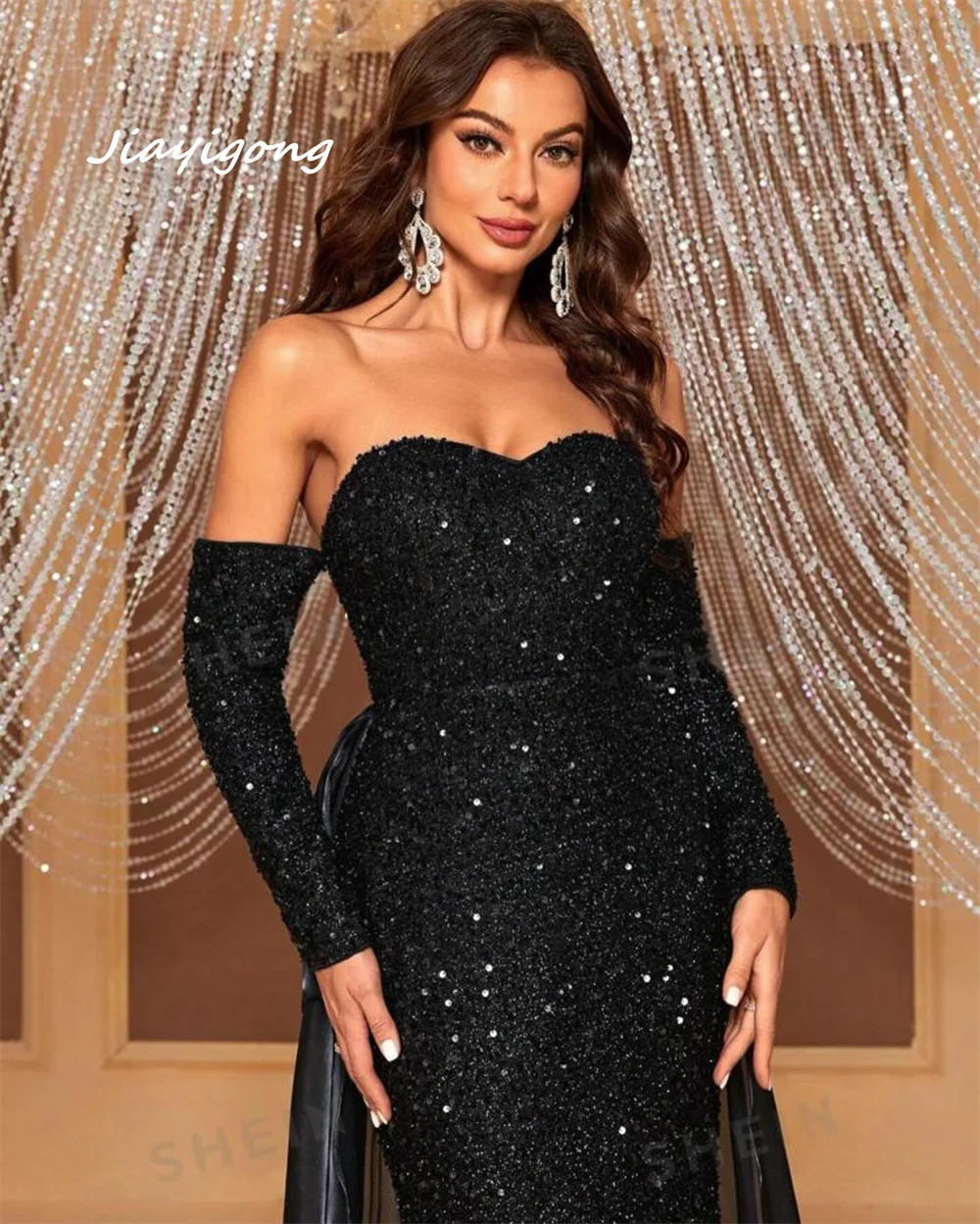 Personalizado arábia saudita jiayigong brilho querida sereia até o chão vestidos de noite paillette chiffon personalizado