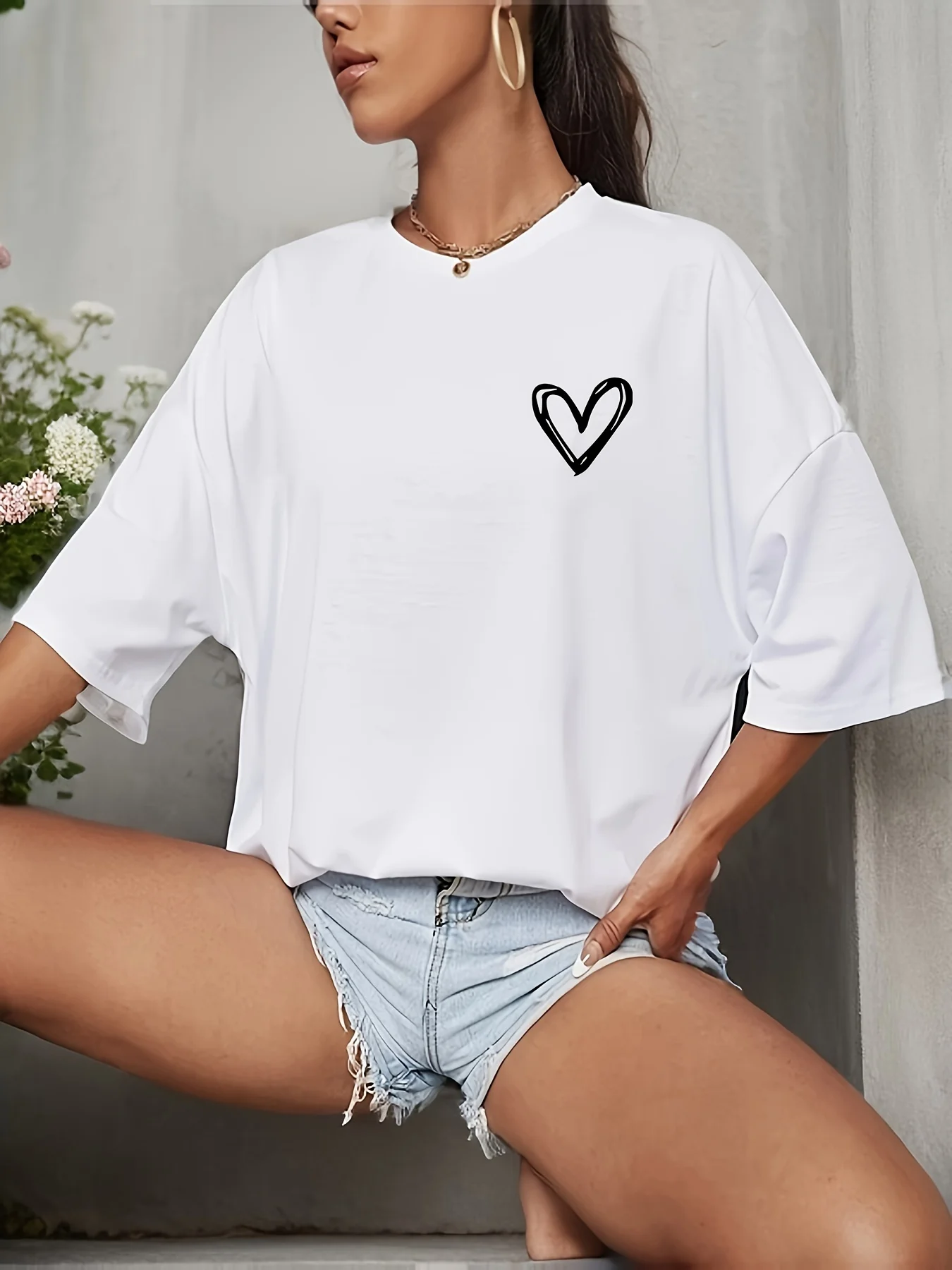 Mit Herz Applique Grafik Gedruckt T Shirt Frauen Sommer Oversize Weibliche Kleidung Elegante O Neck Dame Top Y2k Kurzarm T-shirts
