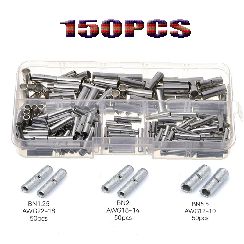 150pcs Non-Insulated Butt Wire Connector Ferrules Electrical Cable Terminal Bare Tinned Crimp Terminal 0.5-6mm2 22-10AWG