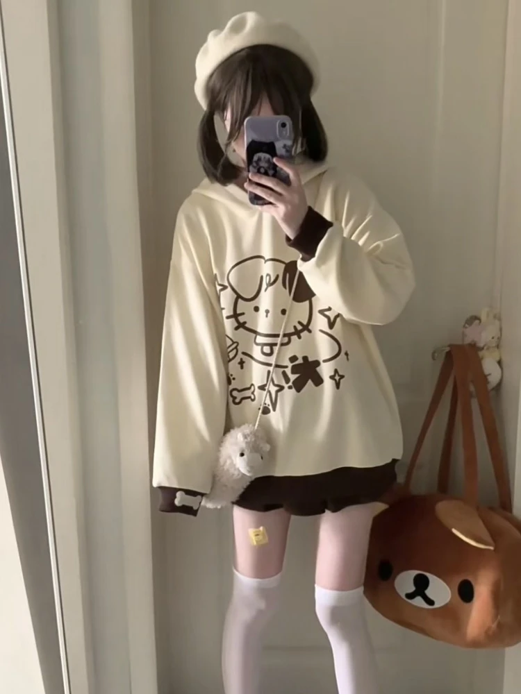 ADAgirl Japan Style Kawaii Ears Hoodies for Teen Girl Cutecore Dog Print Sweatshirt Hooded Women Autumn Winter Anime Alt Clothes